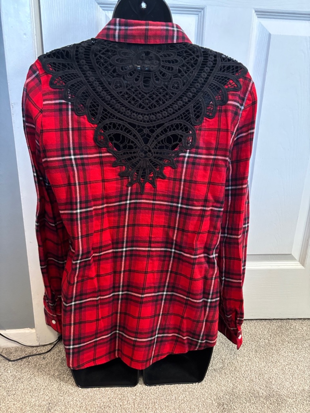 Express flannel button down shirt with crochet detailed back